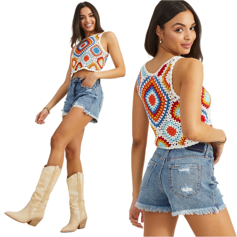 SOLD Altar’d State Crochet Knit Colorful Vibrant Boho Sleeveless Crop Top Small - Picture 1 of 7